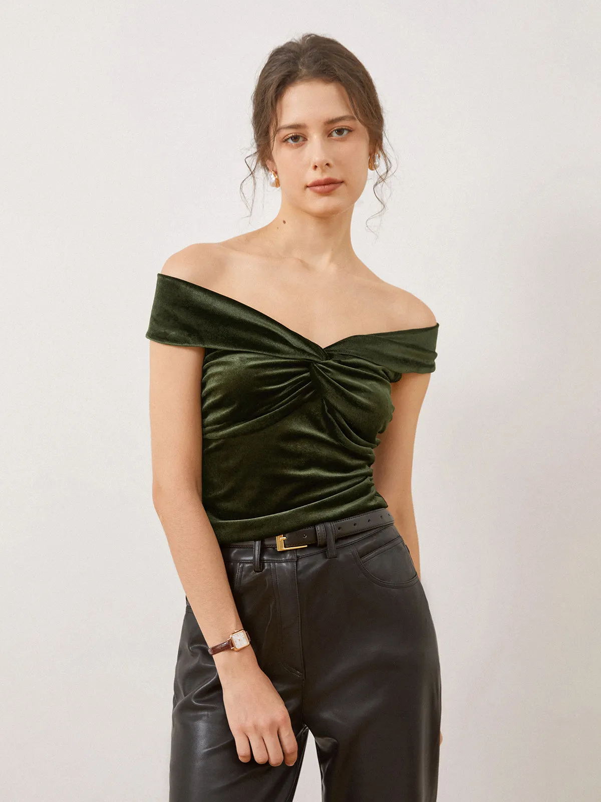 Solid Off-Shoulder Graceful Velvet Tank Top