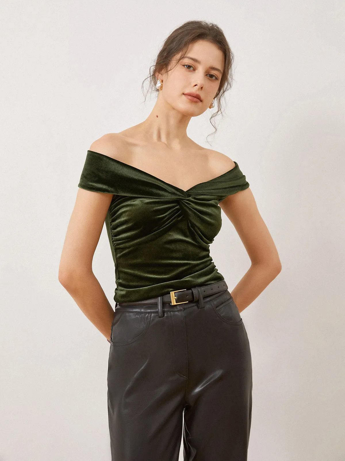 Solid Off-Shoulder Graceful Velvet Tank Top