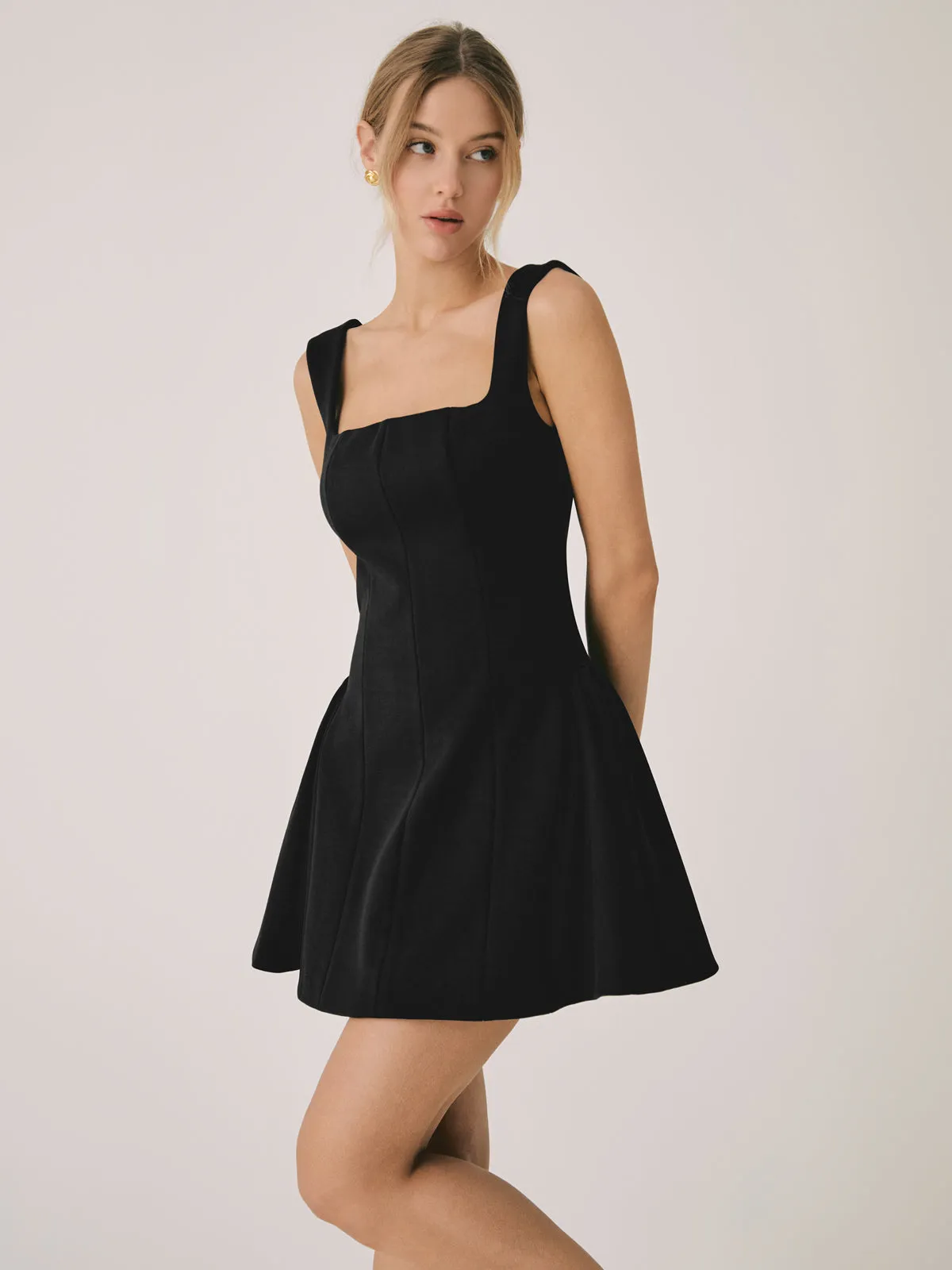 Solid Square Graceful Neck Short Dress