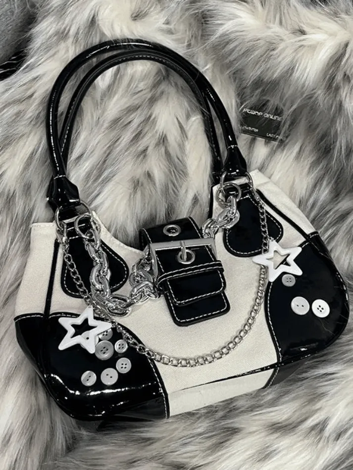 Star Chain Embellish Patchwork Buckled Shoulder Bag