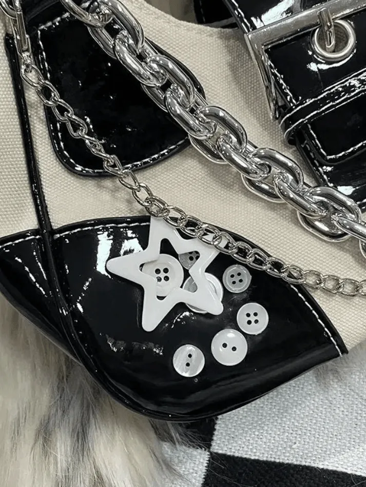 Star Chain Embellish Patchwork Buckled Shoulder Bag