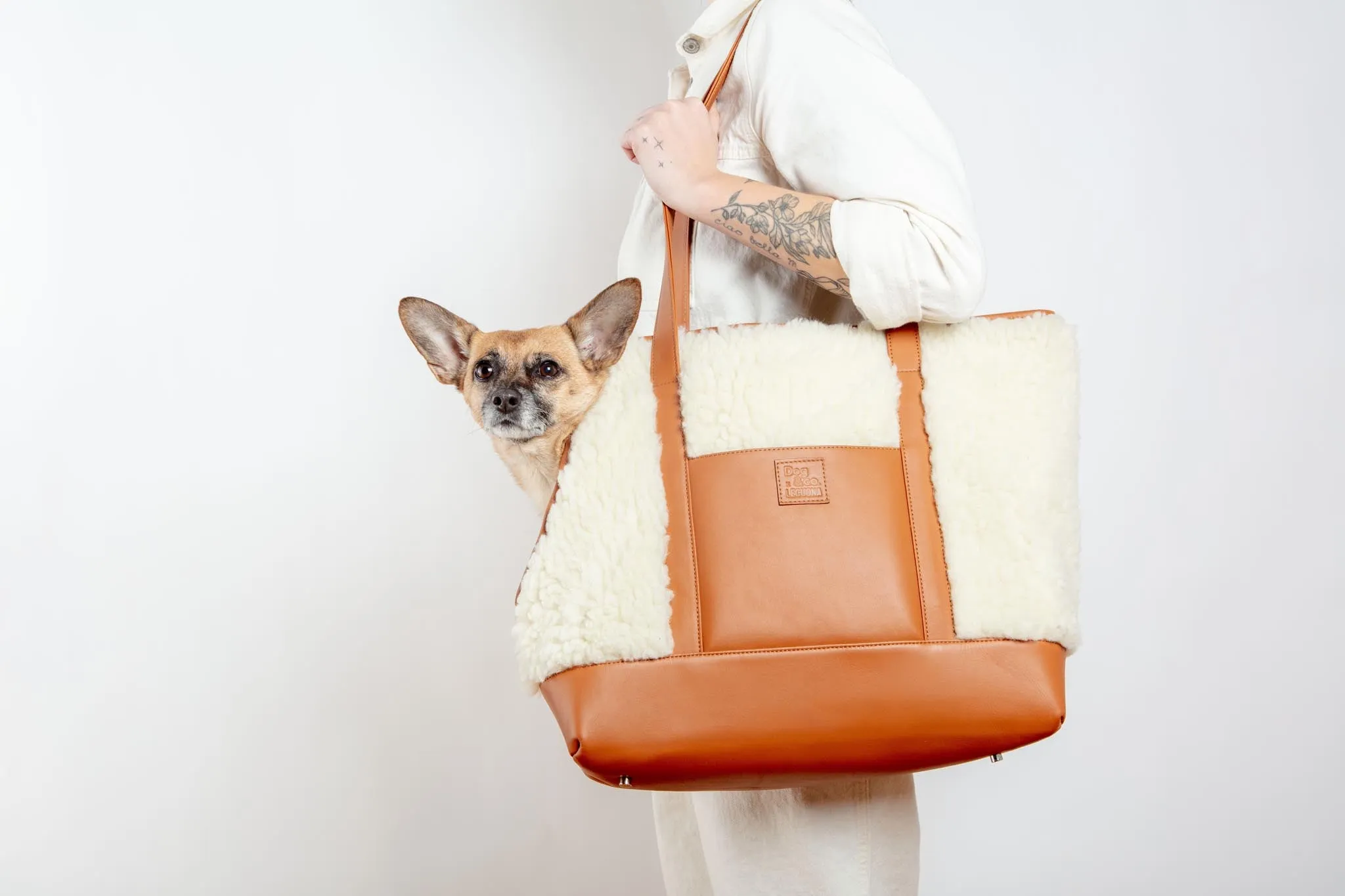 Tan Leather & Cream Shearling Luxe Dog Carrier (Dog & Co. Exclusive) (CLEARANCE)