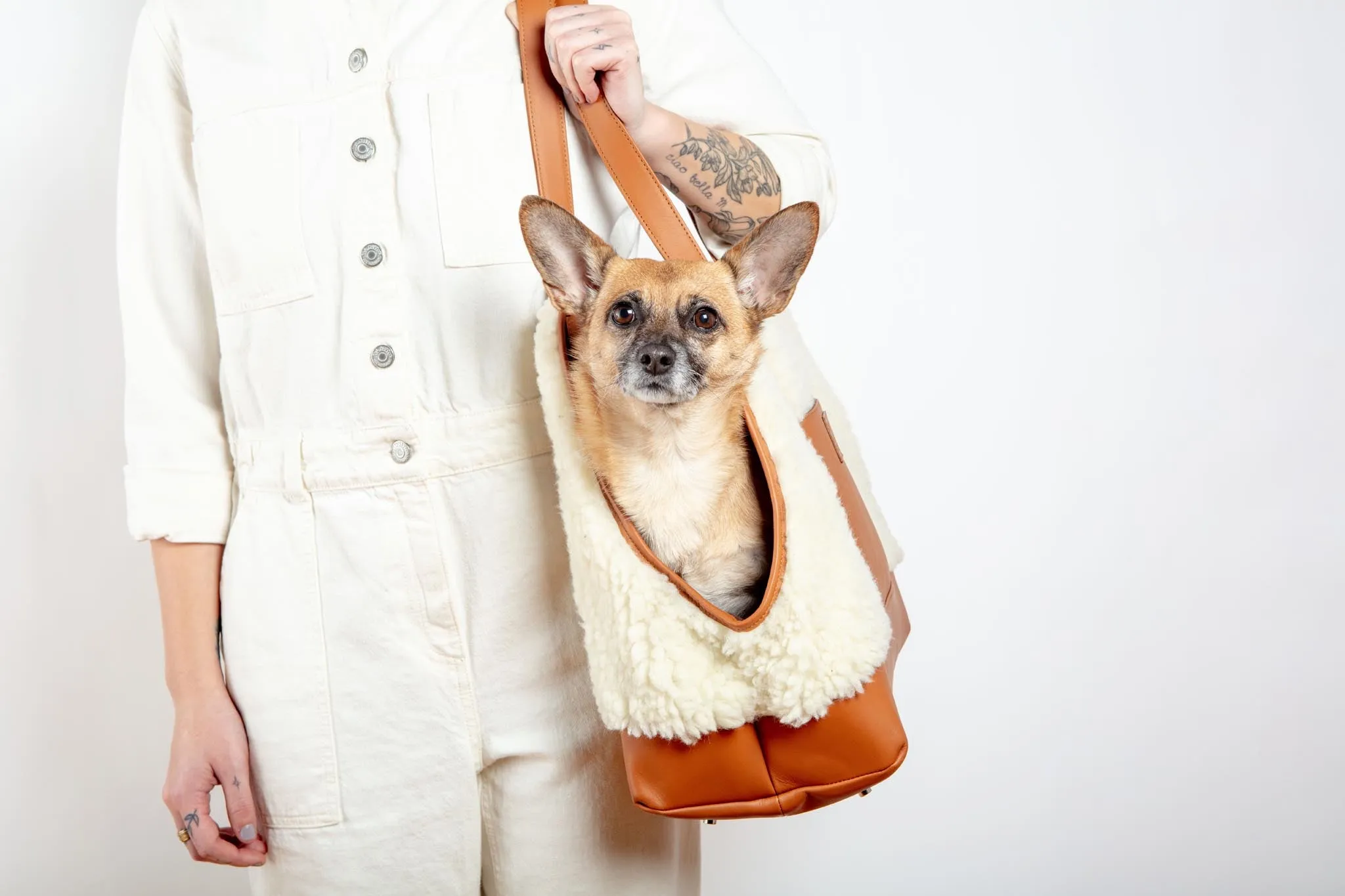 Tan Leather & Cream Shearling Luxe Dog Carrier (Dog & Co. Exclusive) (CLEARANCE)