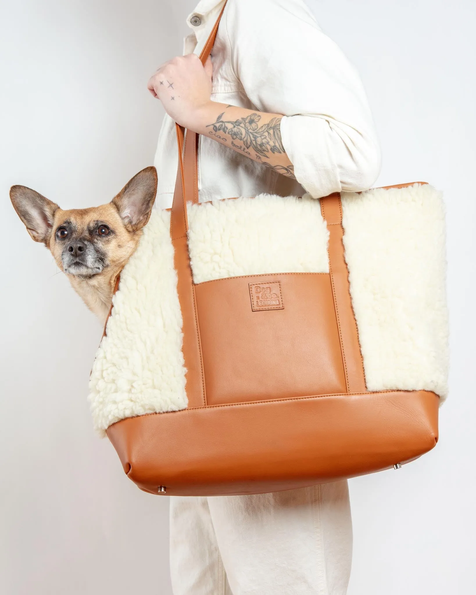 Tan Leather & Cream Shearling Luxe Dog Carrier (Dog & Co. Exclusive) (CLEARANCE)