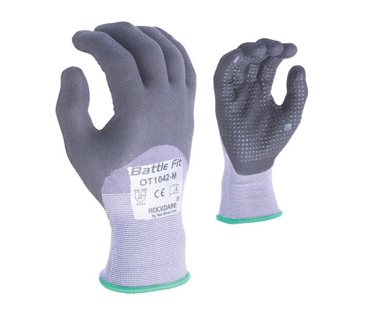 TASK GLOVES - Battle Fit - 15 Gauge Gray Gloves, Nylon shell, Black Micro-Foam Nitrile 3/4 coated with Nitrile dots - Quantity 12 Pair