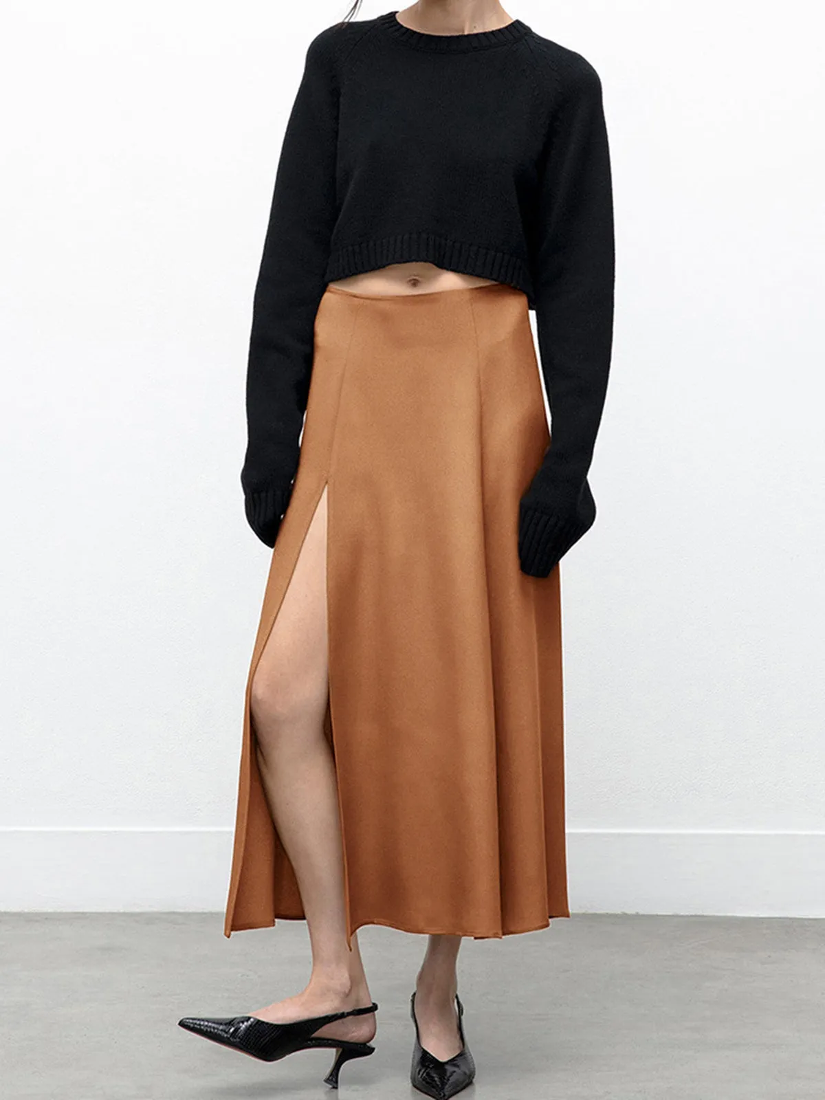 Terracotta Flowy Graceful Slit Midi Skirt