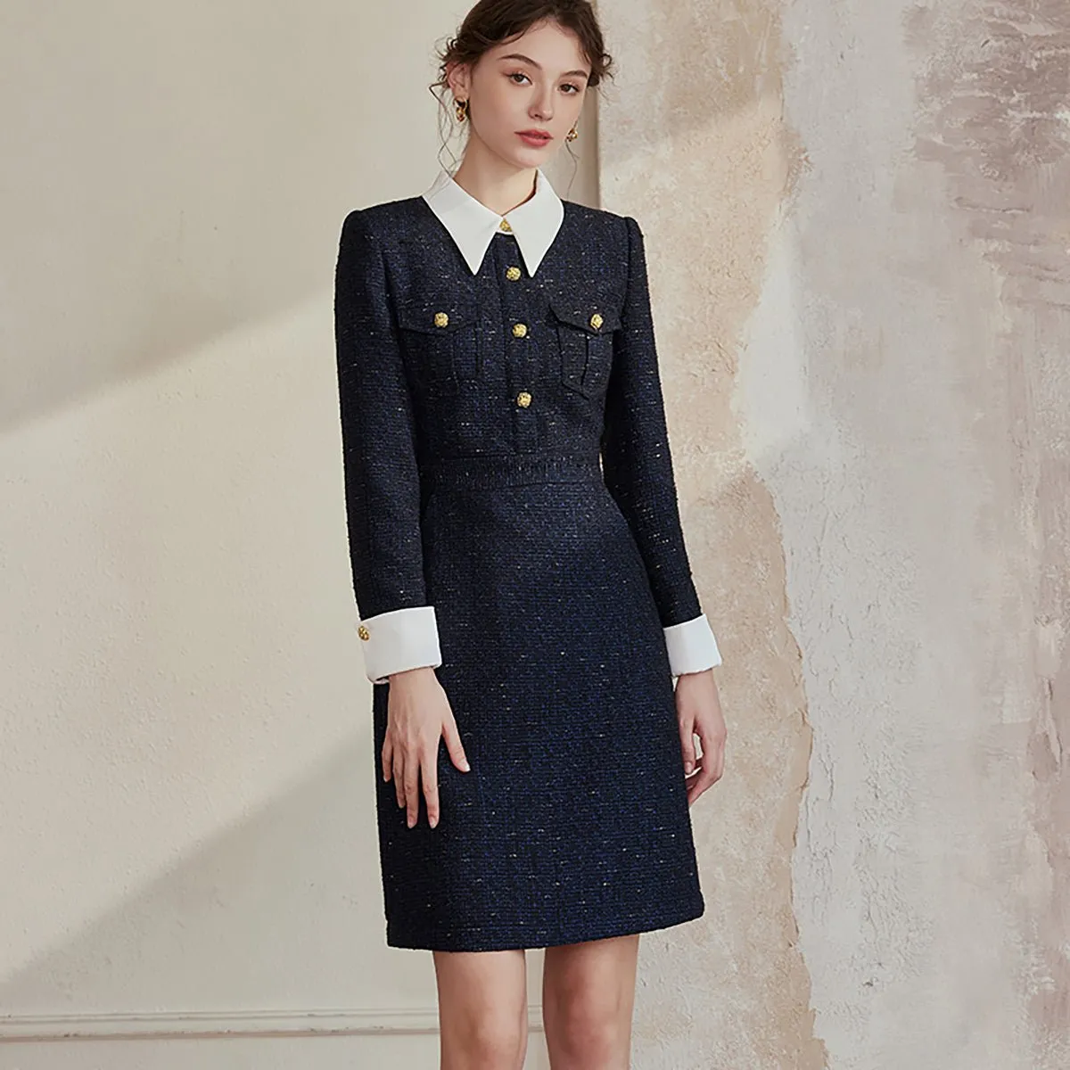 Tweed Knee-Length Navy Dress