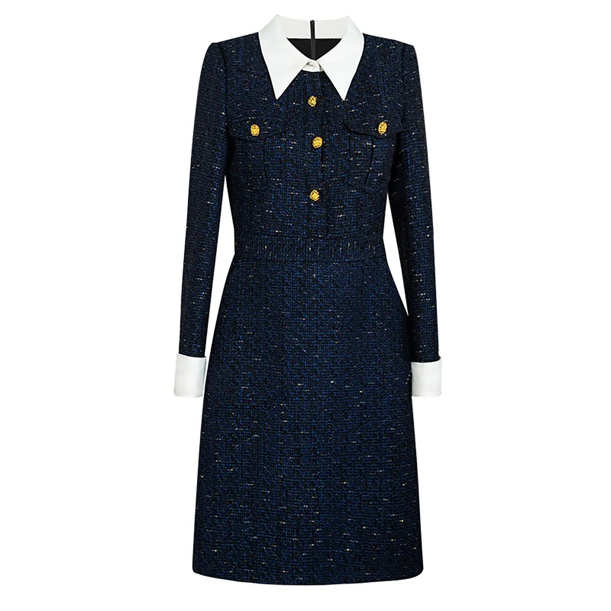 Tweed Knee-Length Navy Dress