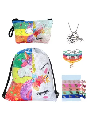 Unicorn Gifts for Girls - Unicorn Drawstring Backpack/Makeup Bag/Bracelet/Inspirational Necklace/Hair Ties (Sequin Unicorn Rainbow)