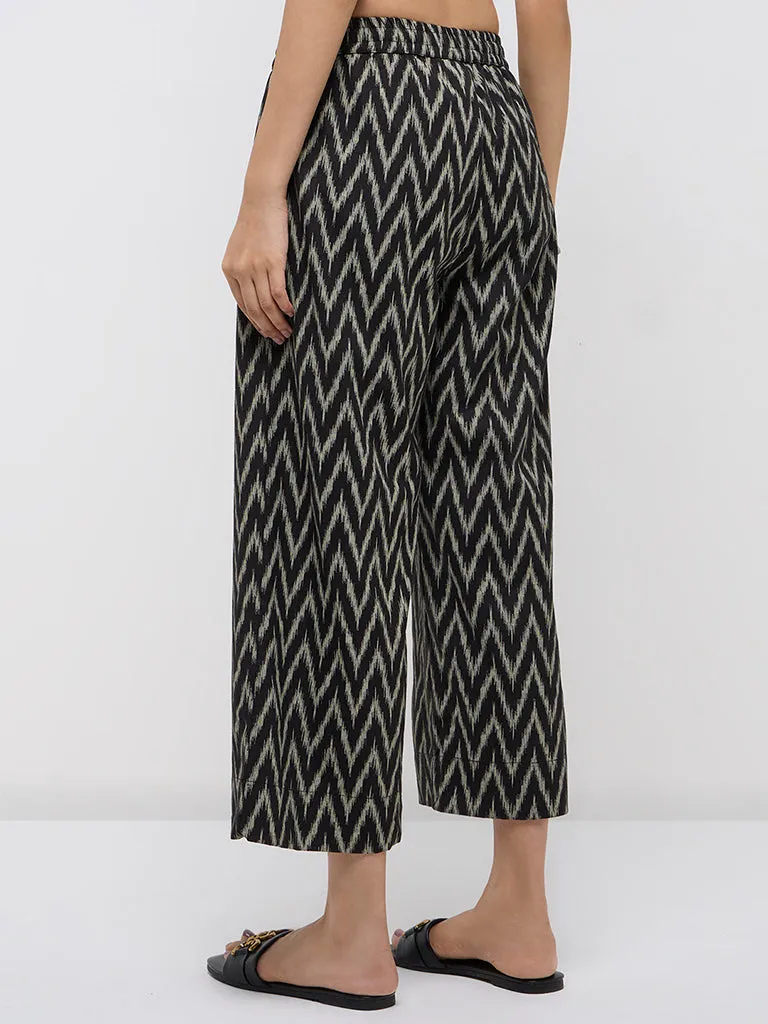 Utsa Black Chevron Ikat Printed Cotton Blend Ethnic Pants