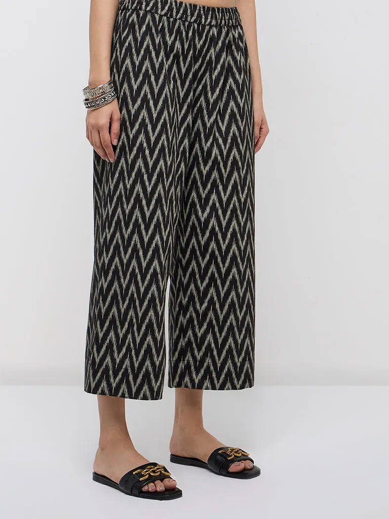 Utsa Black Chevron Ikat Printed Cotton Blend Ethnic Pants