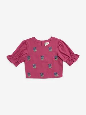 Utsa Kids Pink Floral Embroidered Cotton Blend Top - (2-8yrs)