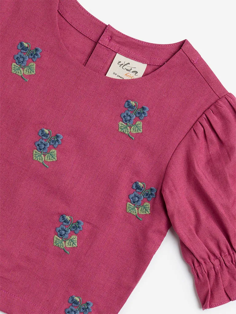 Utsa Kids Pink Floral Embroidered Cotton Blend Top - (2-8yrs)