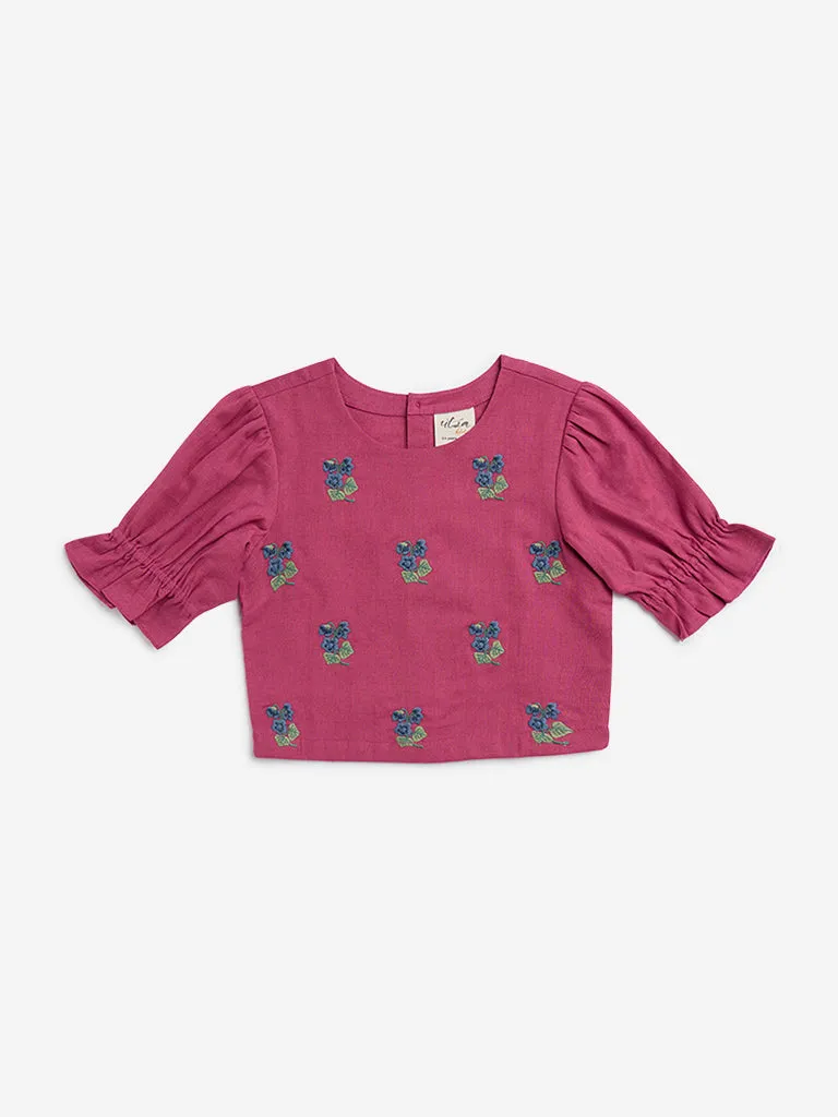 Utsa Kids Pink Floral Embroidered Cotton Blend Top - (2-8yrs)