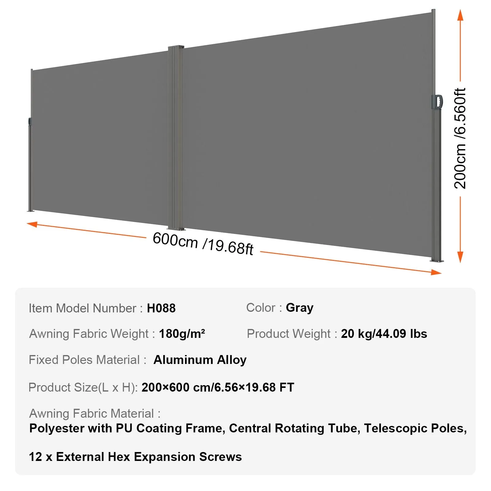 Vevor Retractable Side Awning 236" x 79" Outdoor Privacy Screen UV-Resistant Waterproof Patio Divider New