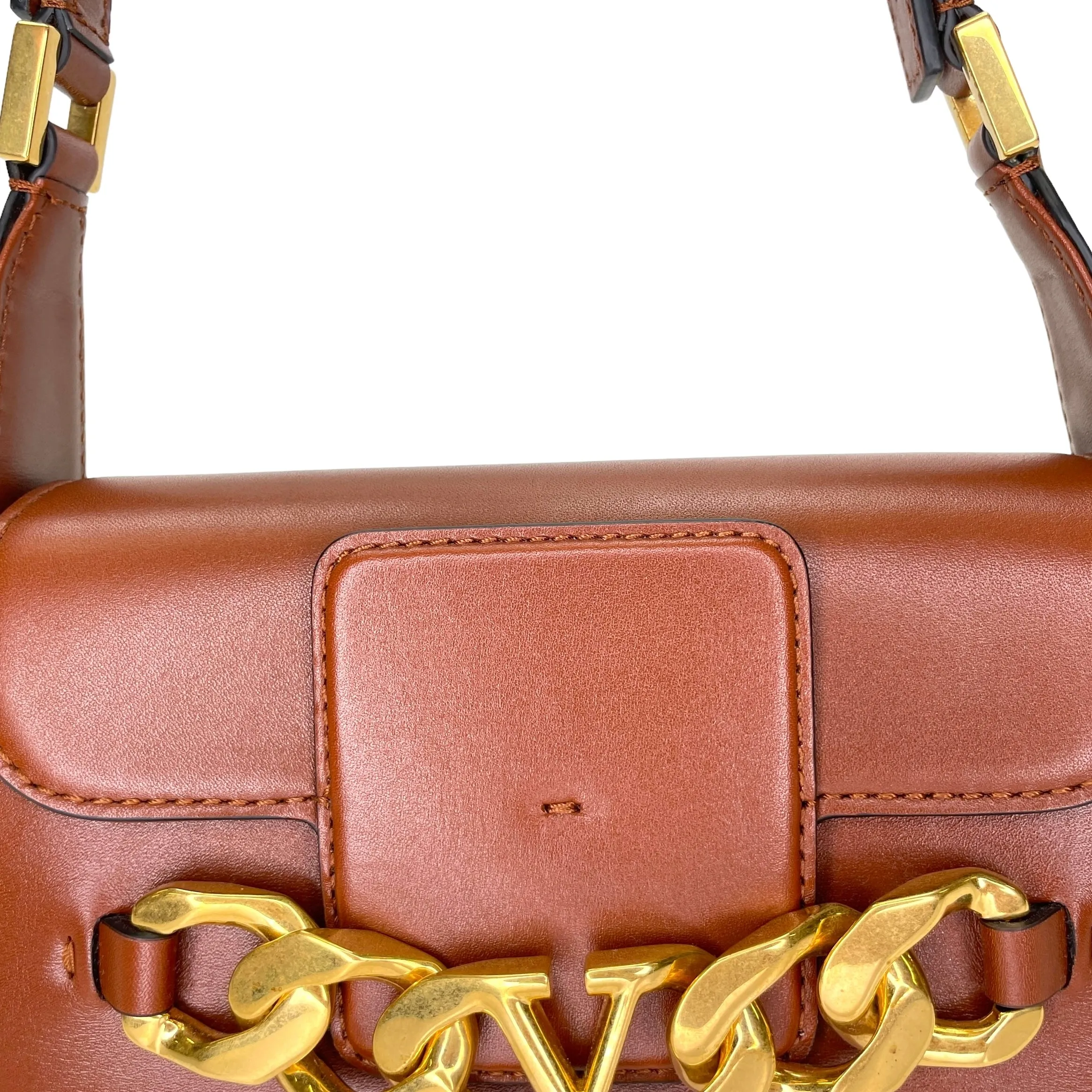 VLogo Chain Small Brown Shoulder Bag in Calfskin, Gold hardware