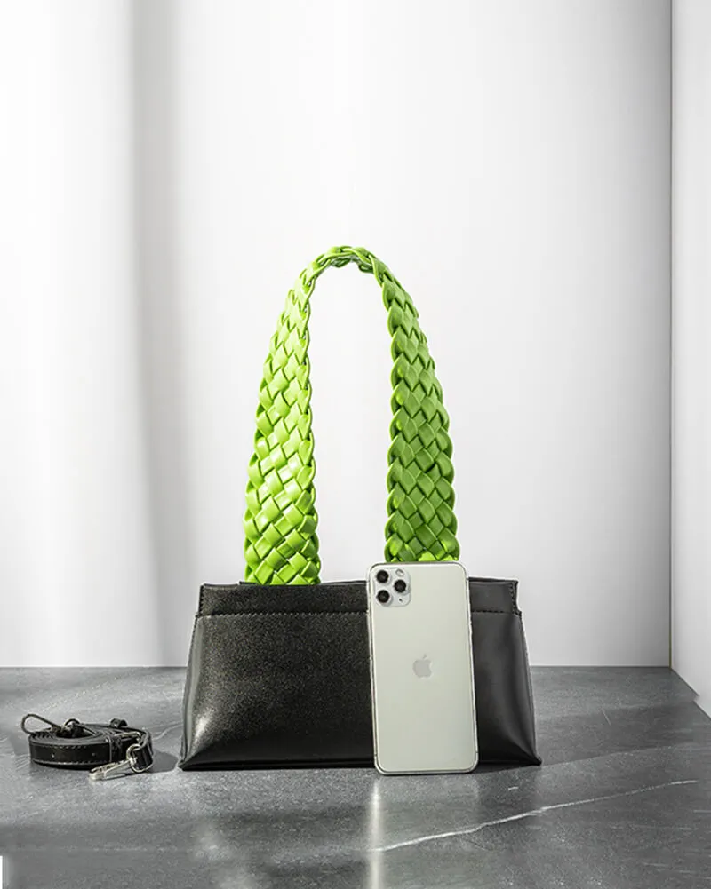 Woven Strap Leather Baguette Shoulder Bag