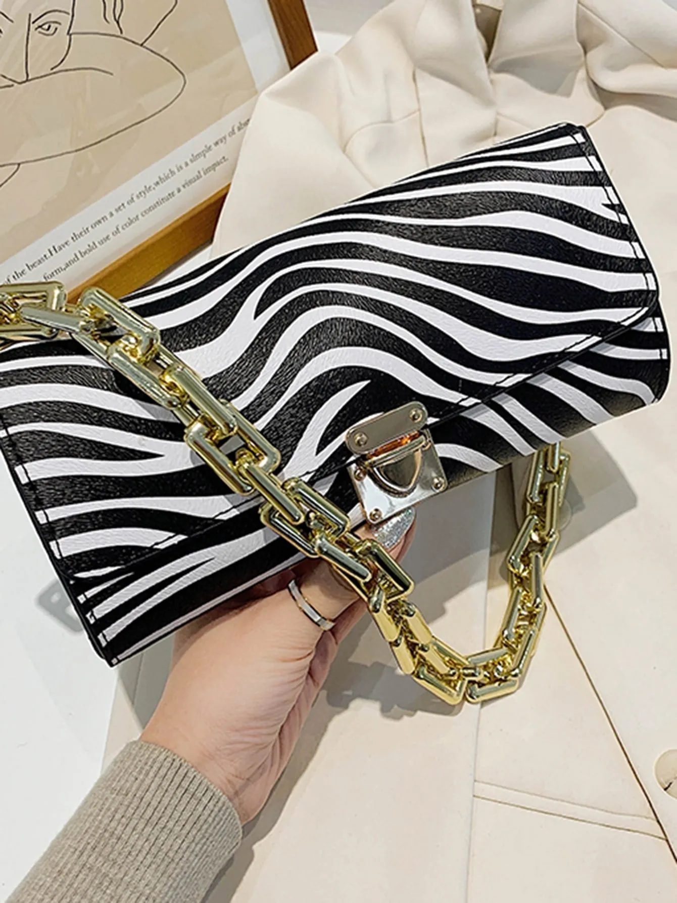 Zebra Striped Push Lock Chain Shoulder Bag